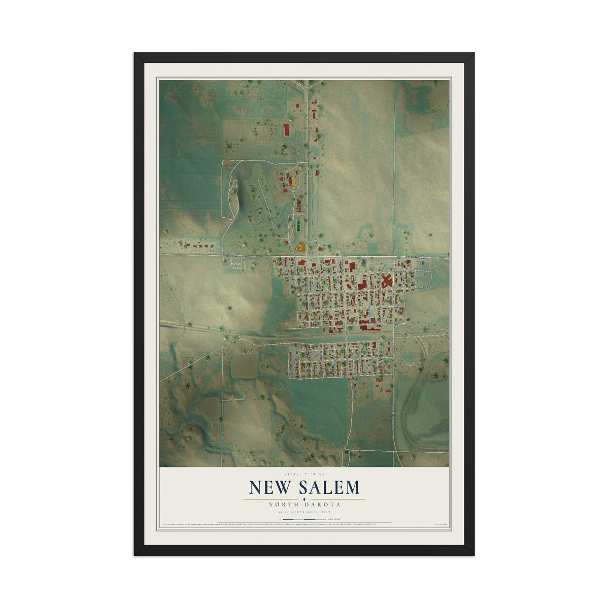Map of New Salem, North Dakota, 12 x 18 inch print in a black wood frame