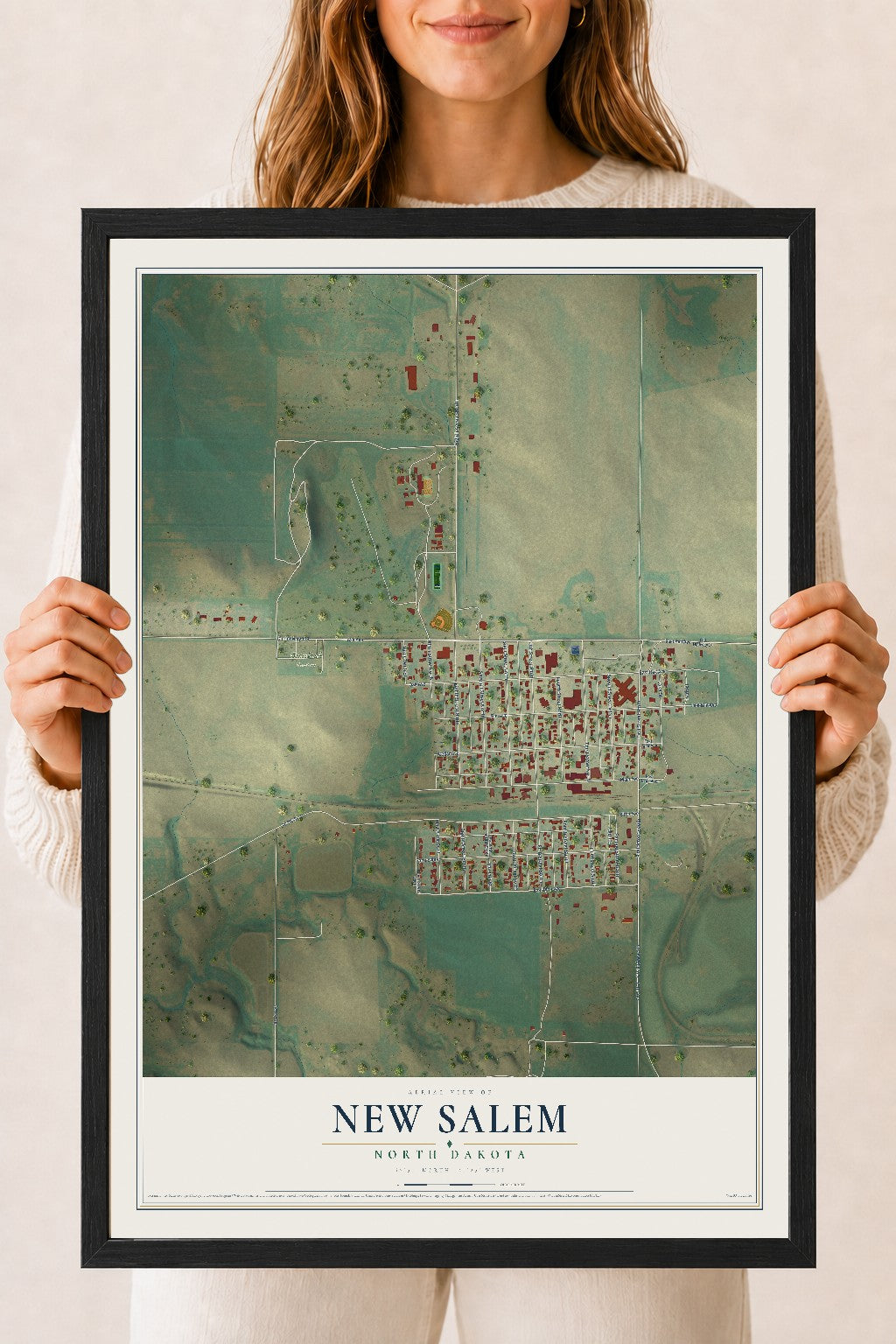 Map of New Salem, North Dakota, 18 x 24 inch print in a black wood frame