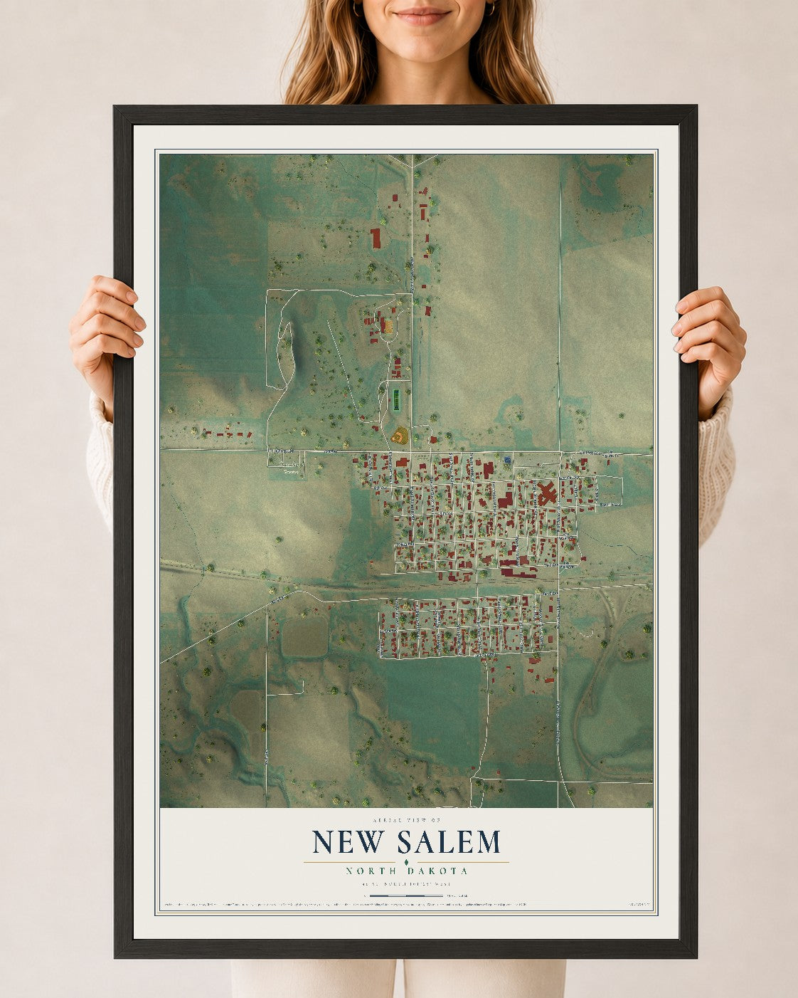 Map of New Salem, North Dakota, 24 x 36 inch print in a black wood frame
