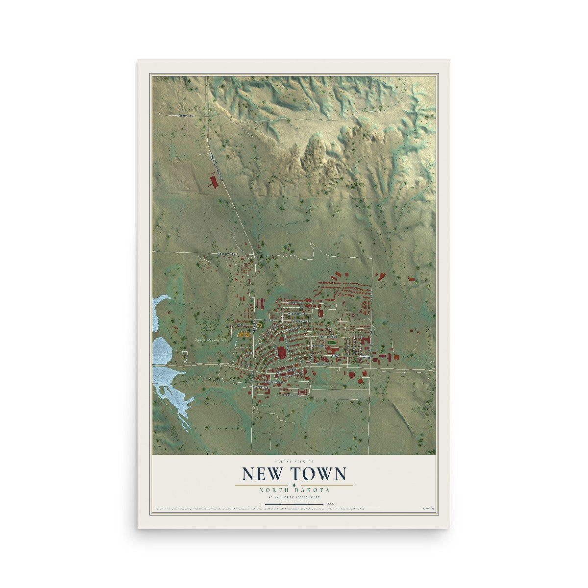 Map of New Town, North Dakota, 12 x 18 inch unframed archival matte print