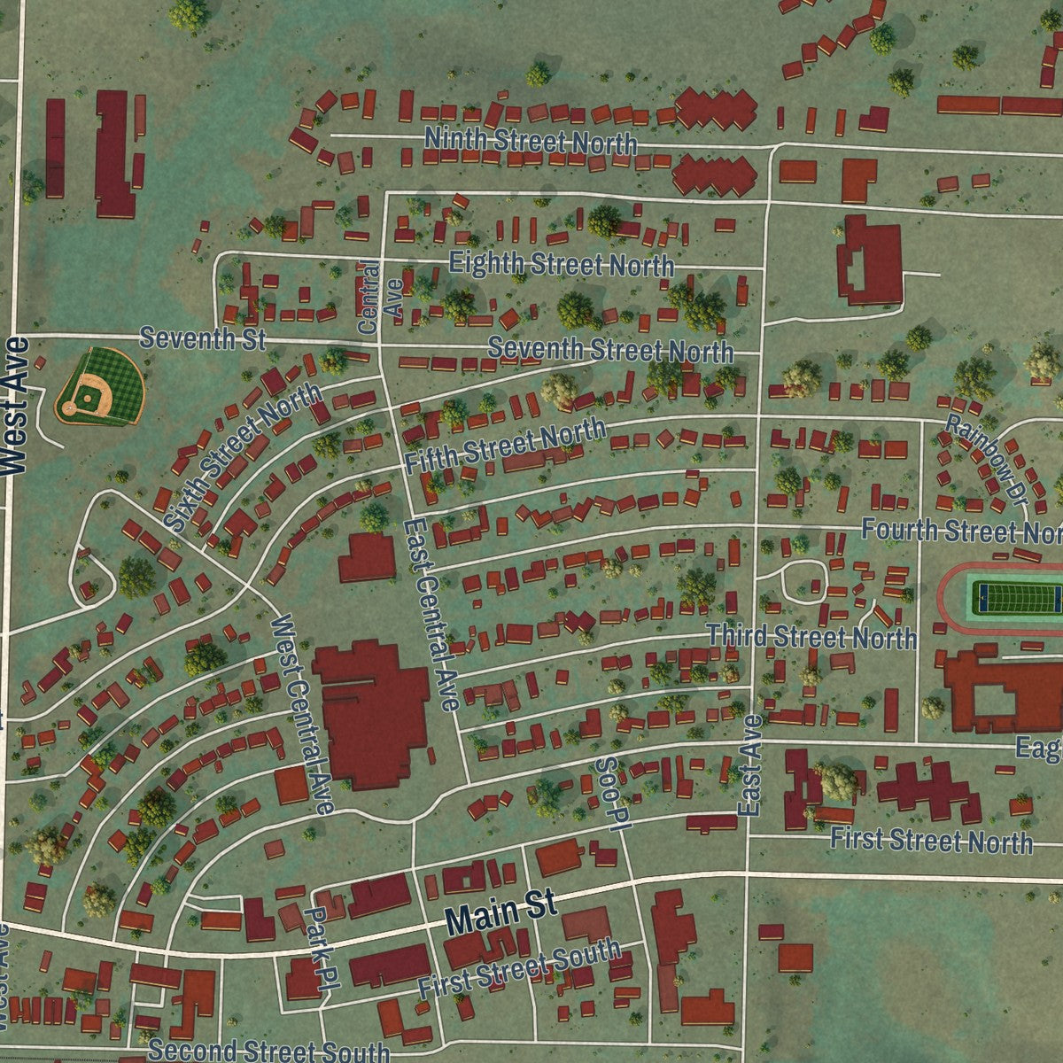 Close-up of the map of New Town, North Dakota print showing street and building detail