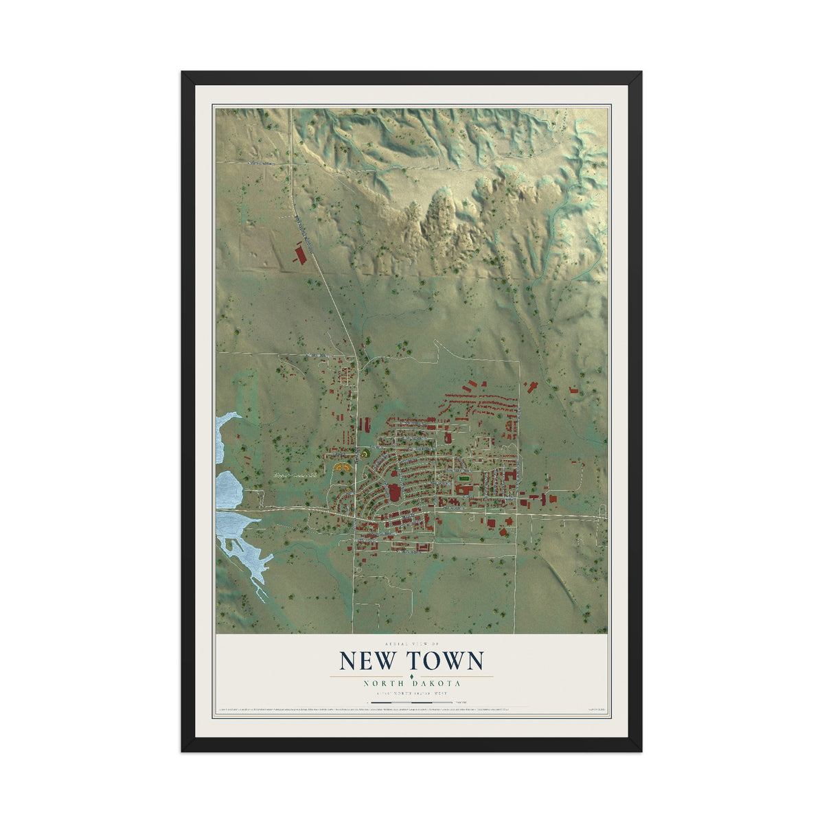Map of New Town, North Dakota, 12 x 18 inch print in a black wood frame