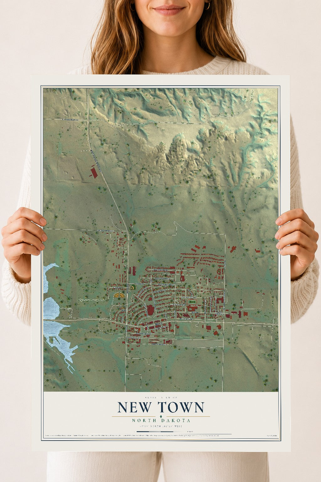 Map of New Town, North Dakota, 18 x 24 inch unframed archival matte print