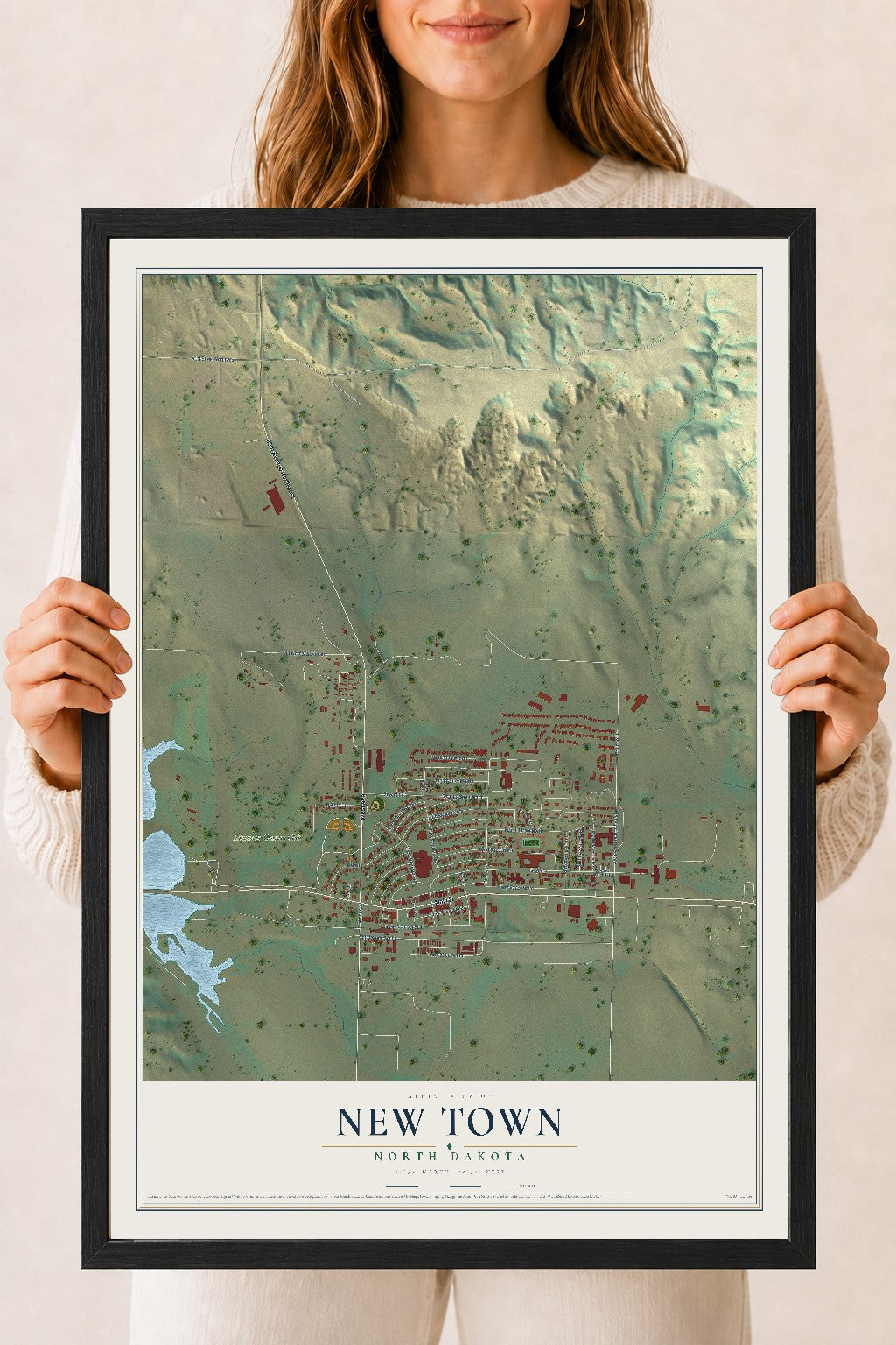 Map of New Town, North Dakota, 18 x 24 inch print in a black wood frame