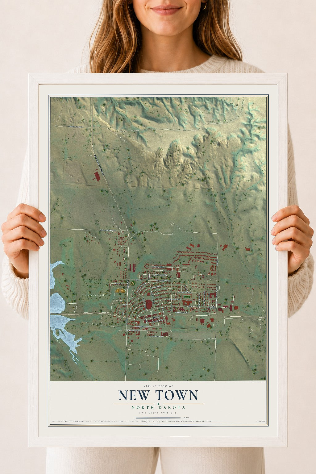 Map of New Town, North Dakota, 18 x 24 inch print in a white wood frame