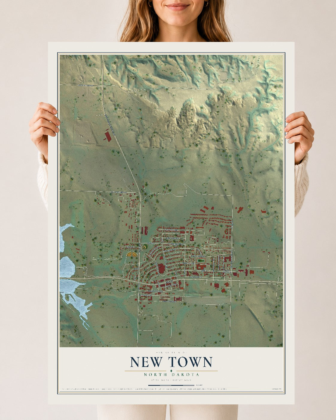 Map of New Town, North Dakota, 24 x 36 inch unframed archival matte print