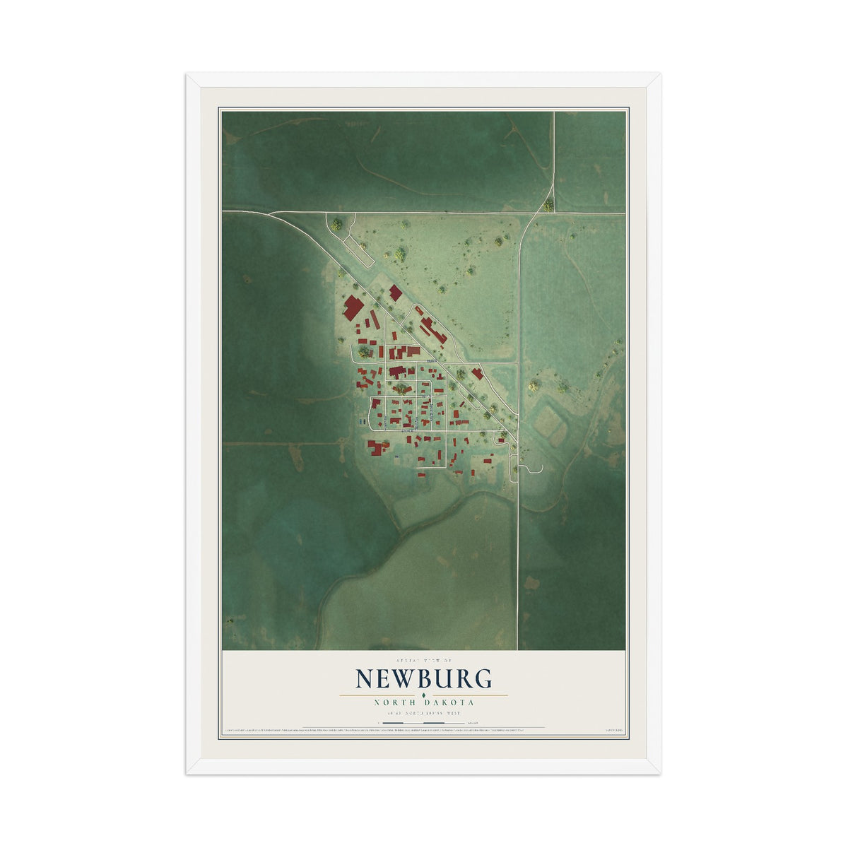 Map of Newburg, North Dakota, 12 x 18 inch print in a white wood frame