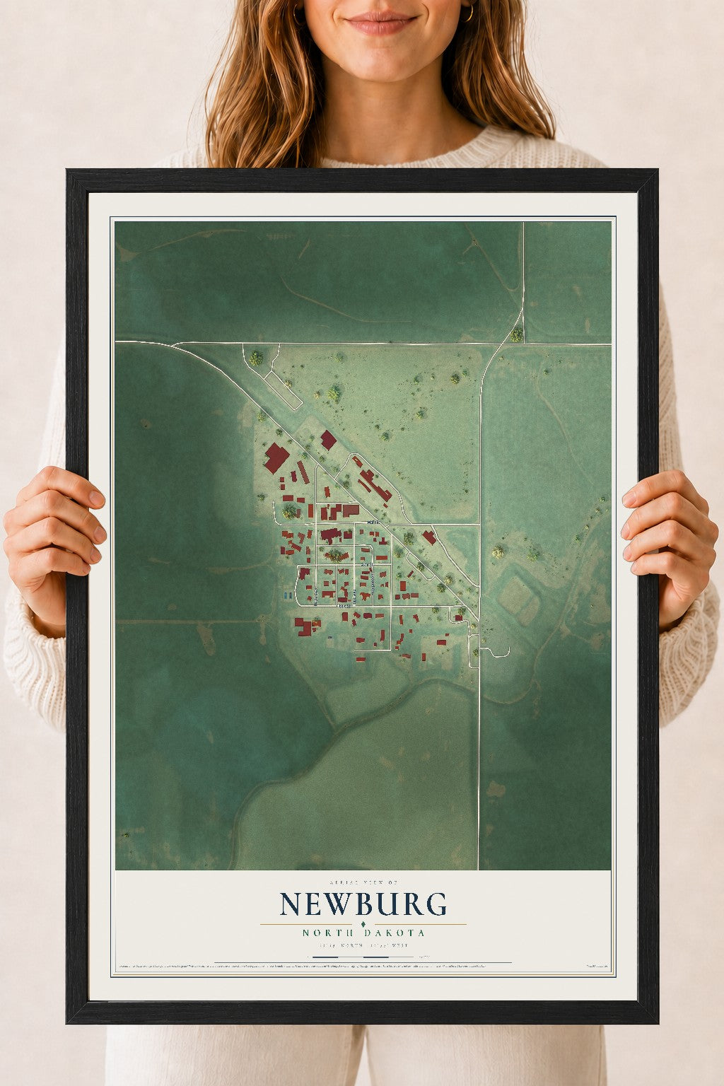 Map of Newburg, North Dakota, 18 x 24 inch print in a black wood frame