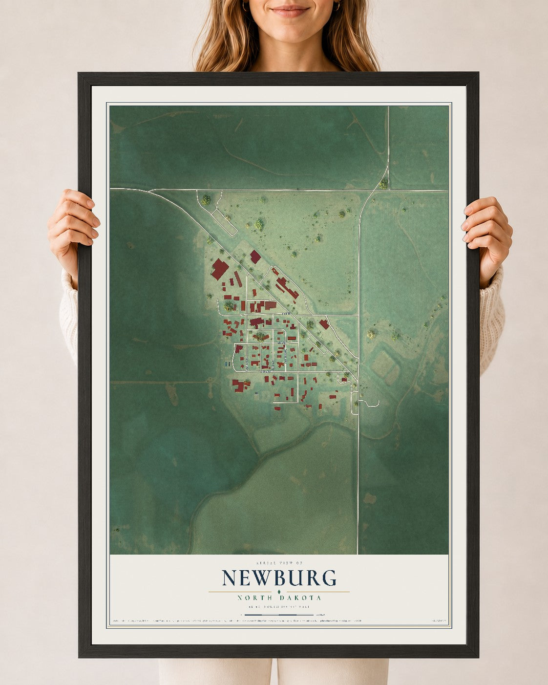 Map of Newburg, North Dakota, 24 x 36 inch print in a black wood frame