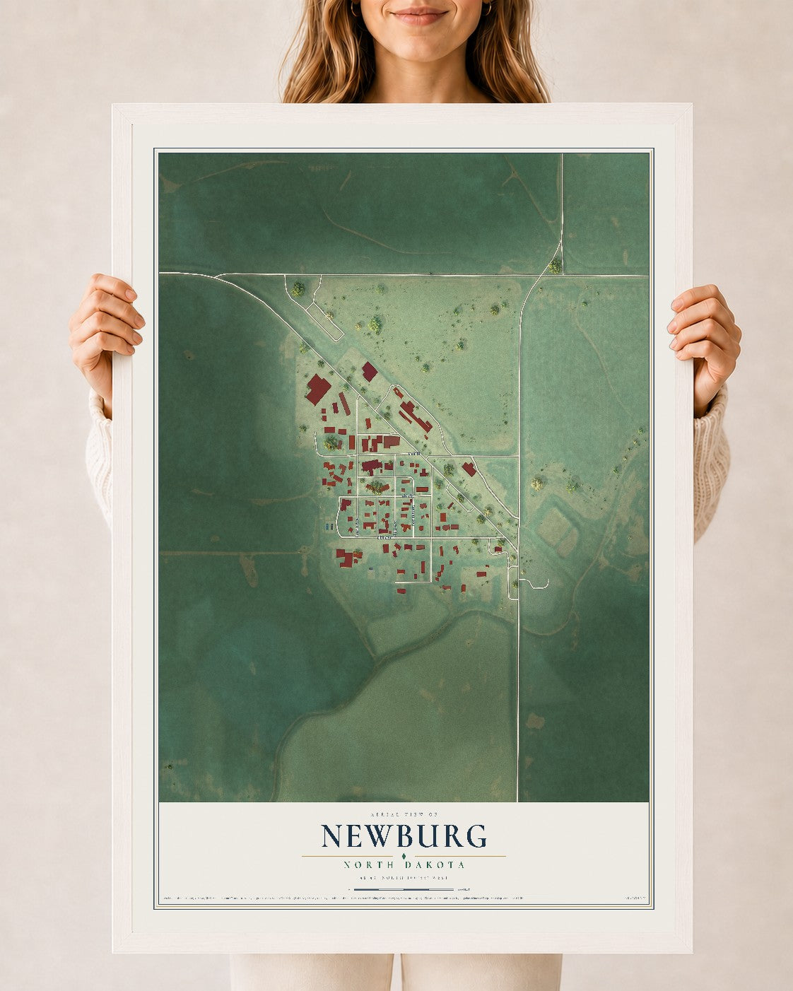Map of Newburg, North Dakota, 24 x 36 inch print in a white wood frame
