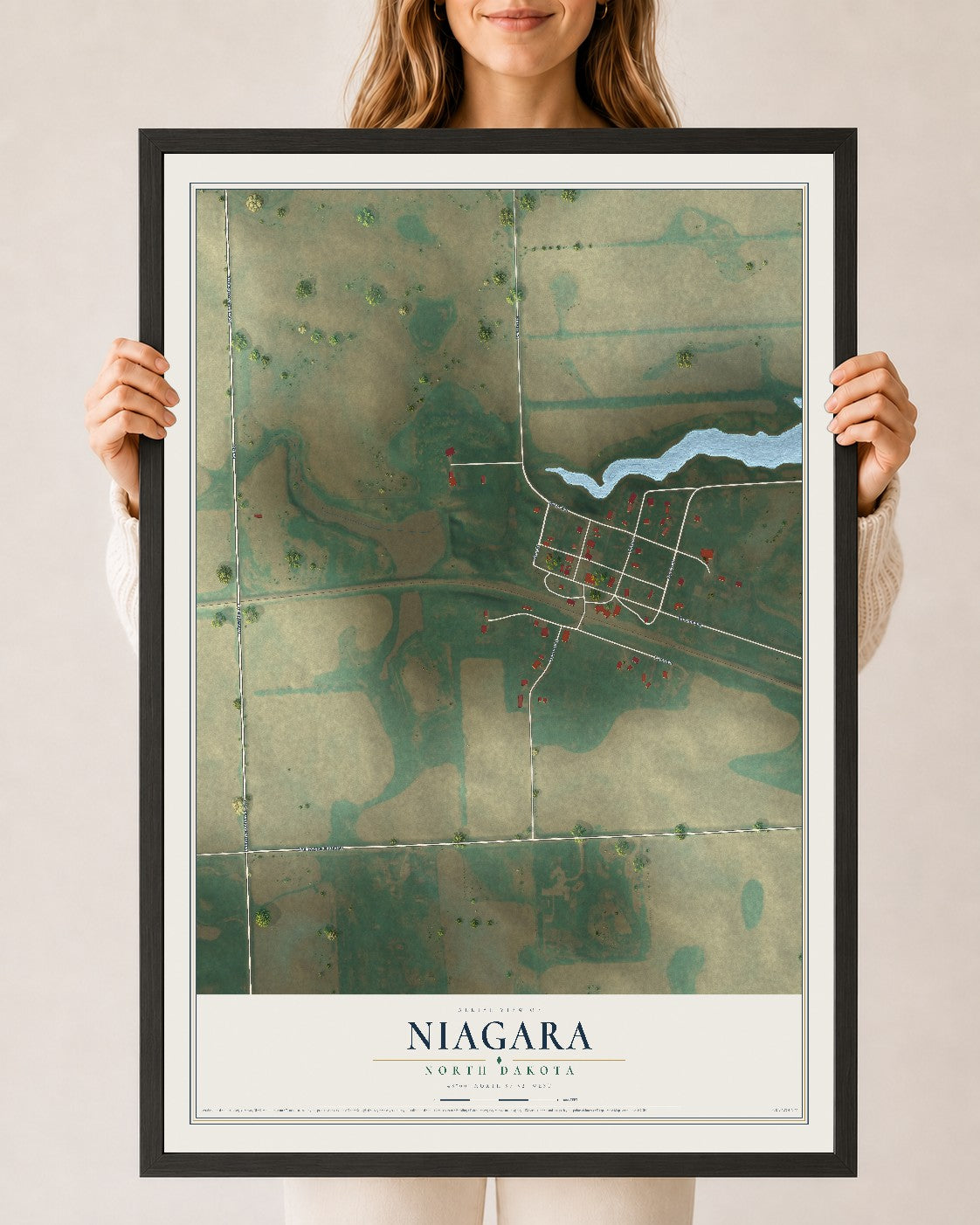 Map of Niagara, North Dakota, 24 x 36 inch print in a black wood frame