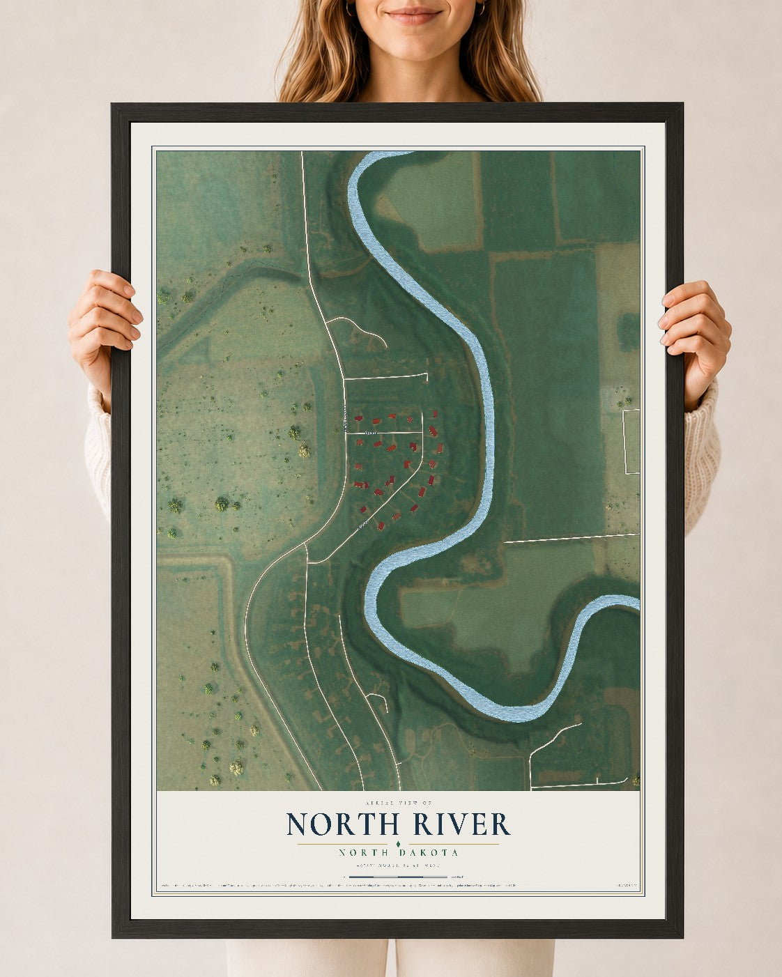 Map of North River, North Dakota, 24 x 36 inch print in a black wood frame