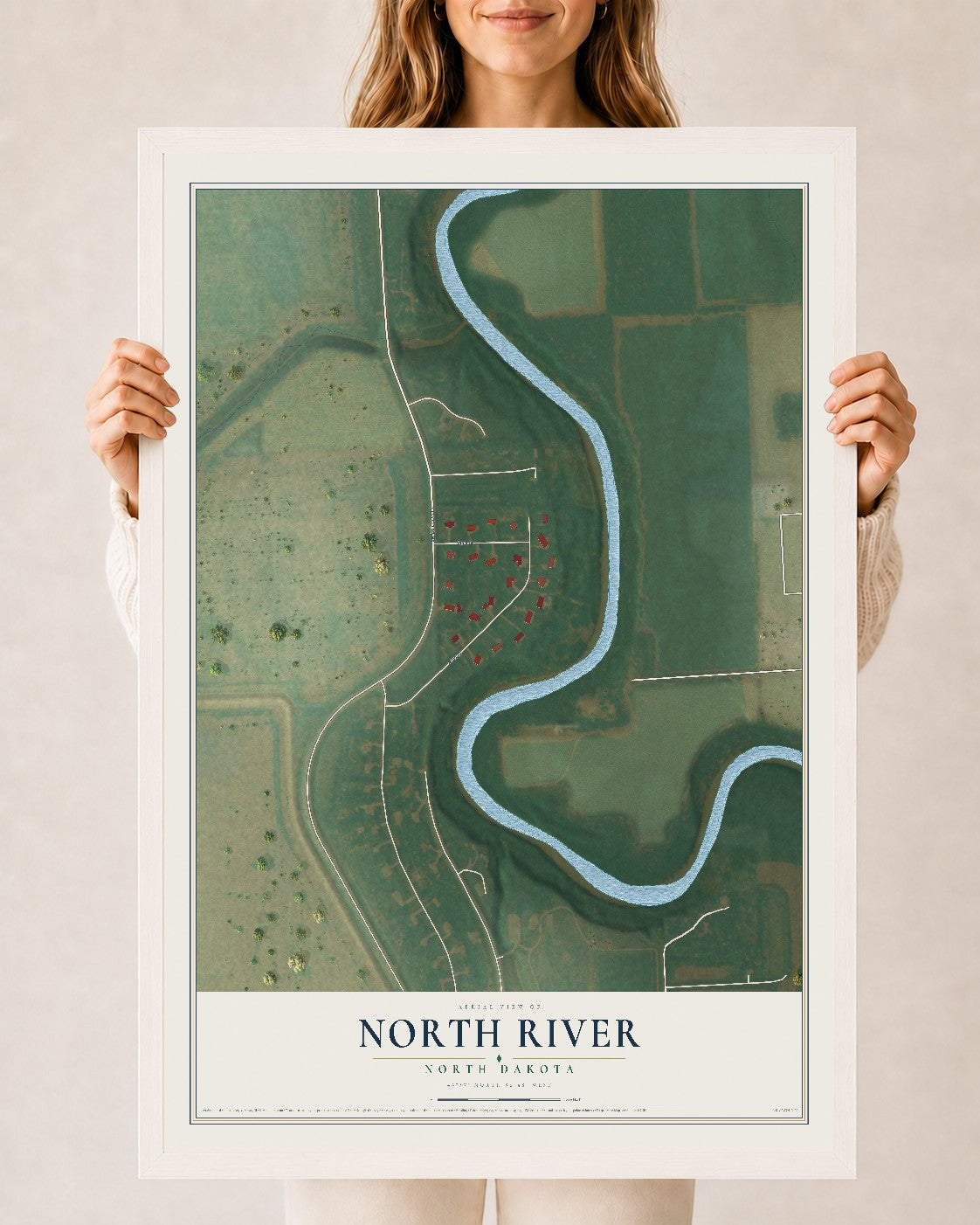 Map of North River, North Dakota, 24 x 36 inch print in a white wood frame