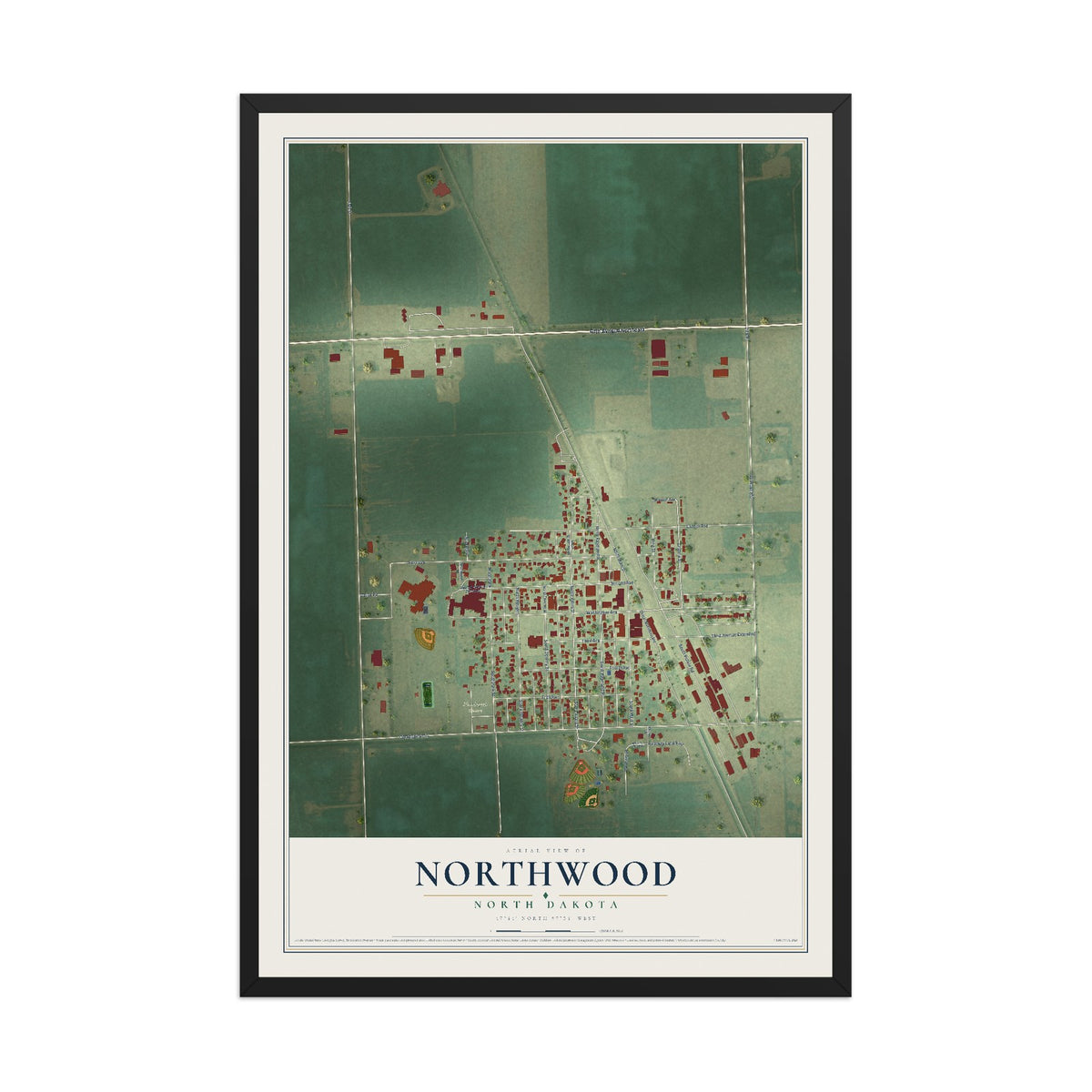 Map of Northwood, North Dakota, 12 x 18 inch print in a black wood frame