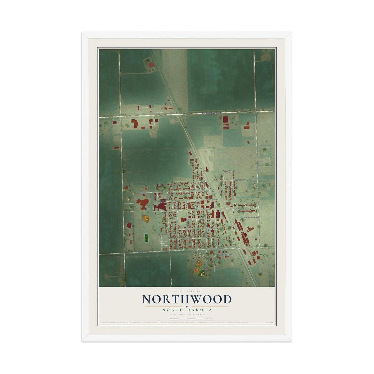Map of Northwood, North Dakota, 12 x 18 inch print in a white wood frame