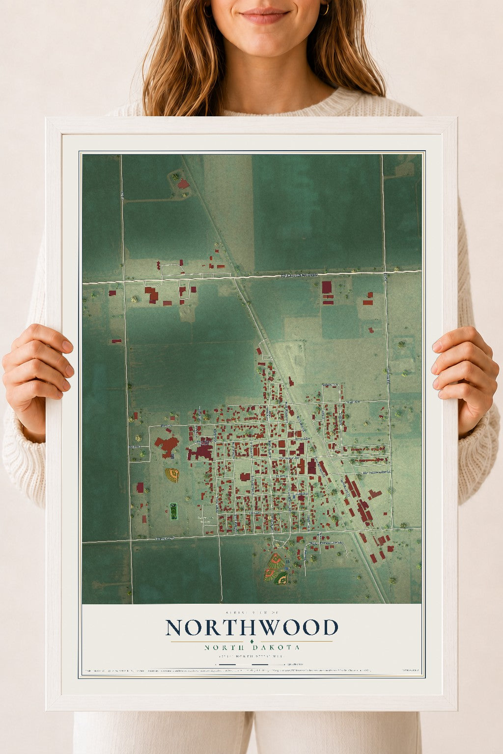Map of Northwood, North Dakota, 18 x 24 inch print in a white wood frame