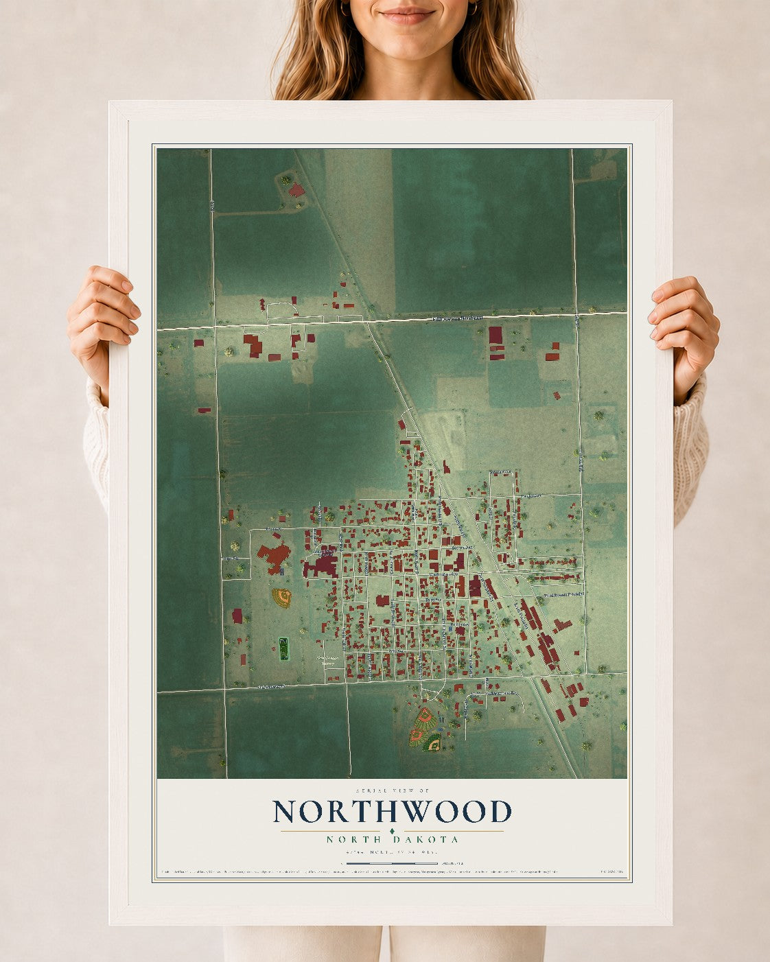Map of Northwood, North Dakota, 24 x 36 inch print in a white wood frame