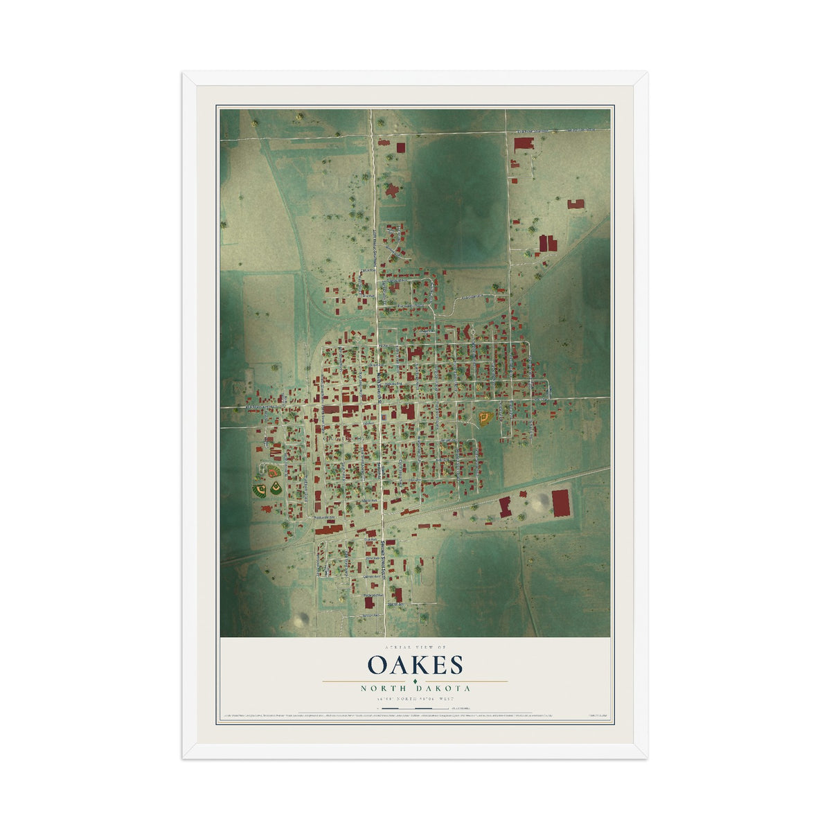 Map of Oakes, North Dakota, 12 x 18 inch print in a white wood frame