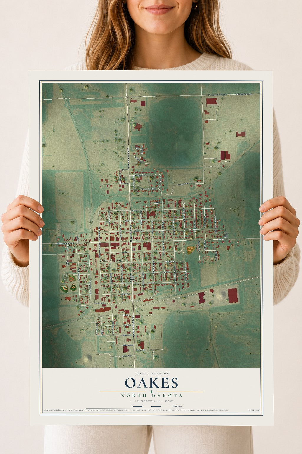 Map of Oakes, North Dakota, 18 x 24 inch unframed archival matte print