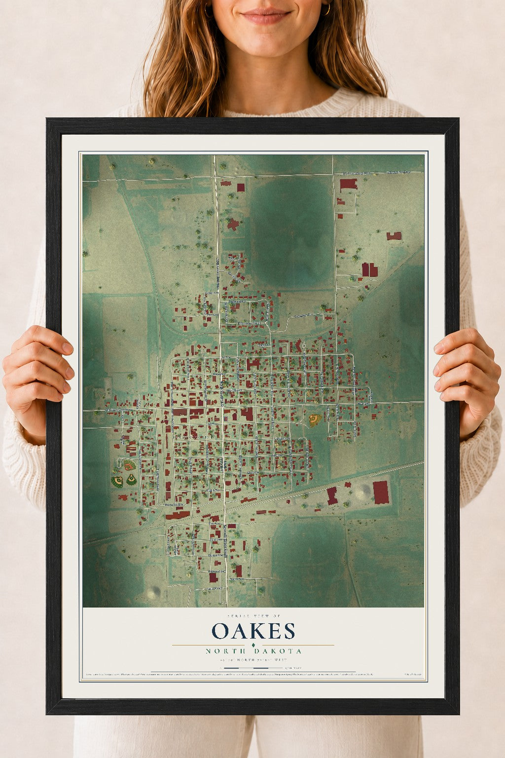 Map of Oakes, North Dakota, 18 x 24 inch print in a black wood frame