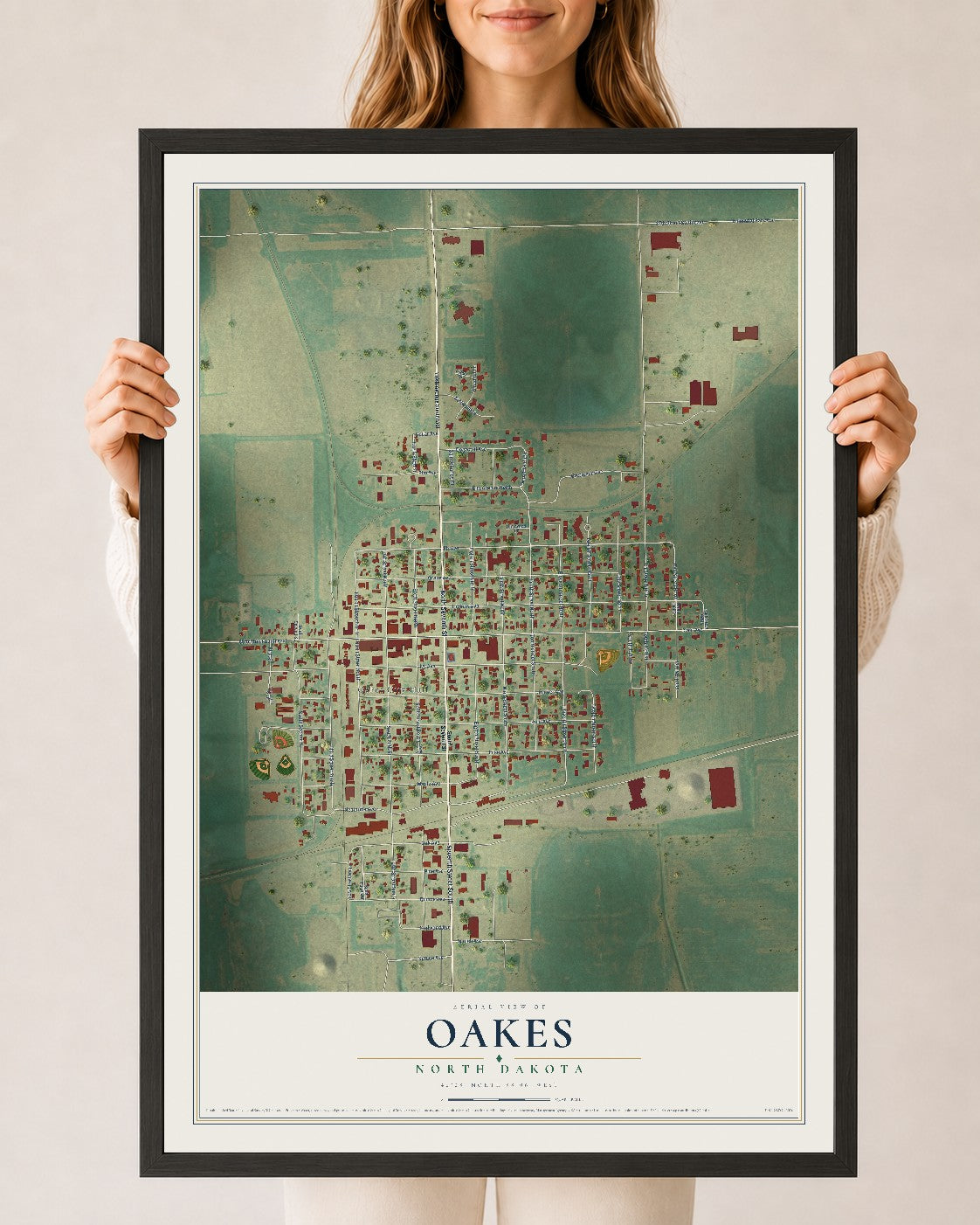 Map of Oakes, North Dakota, 24 x 36 inch print in a black wood frame