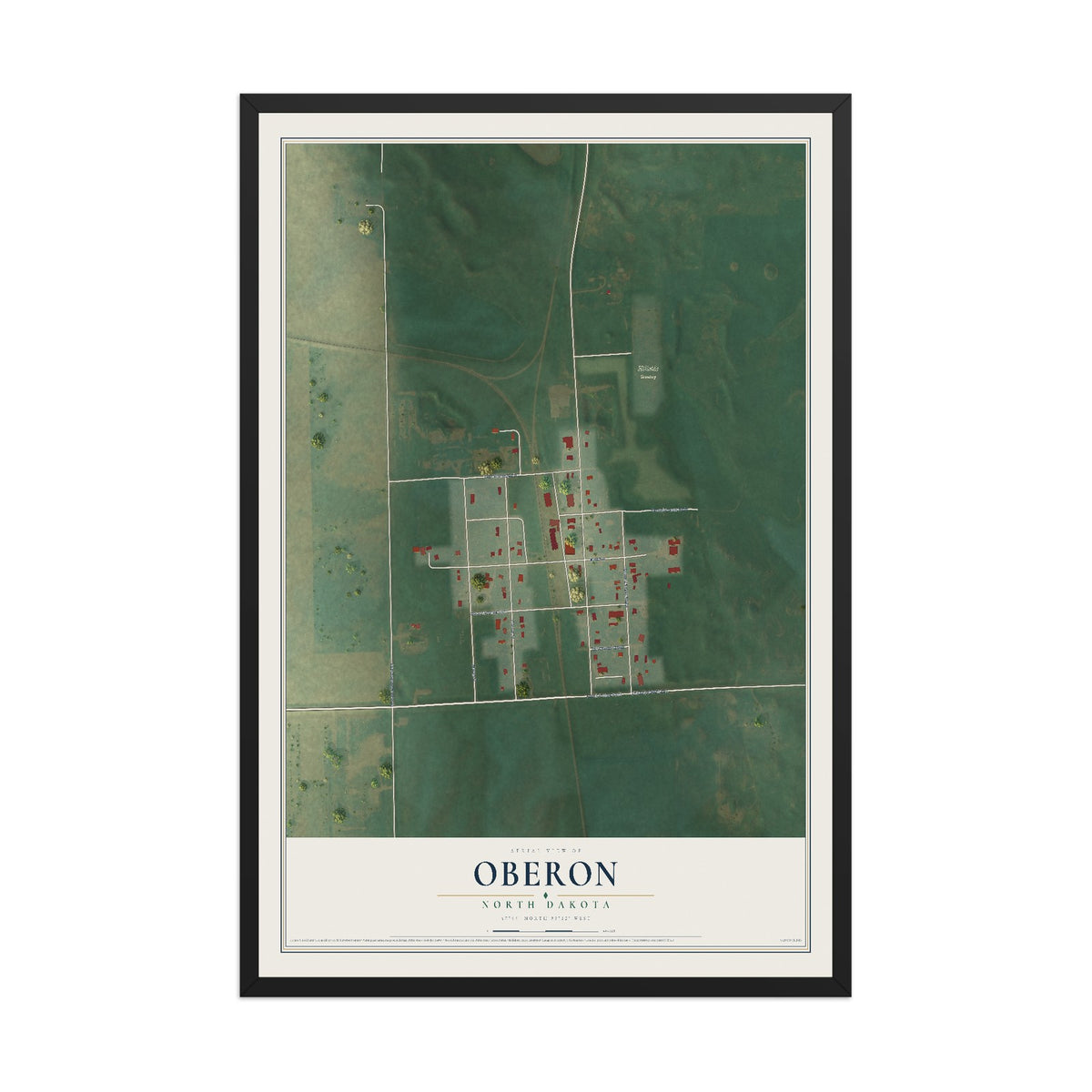 Map of Oberon, North Dakota, 12 x 18 inch print in a black wood frame