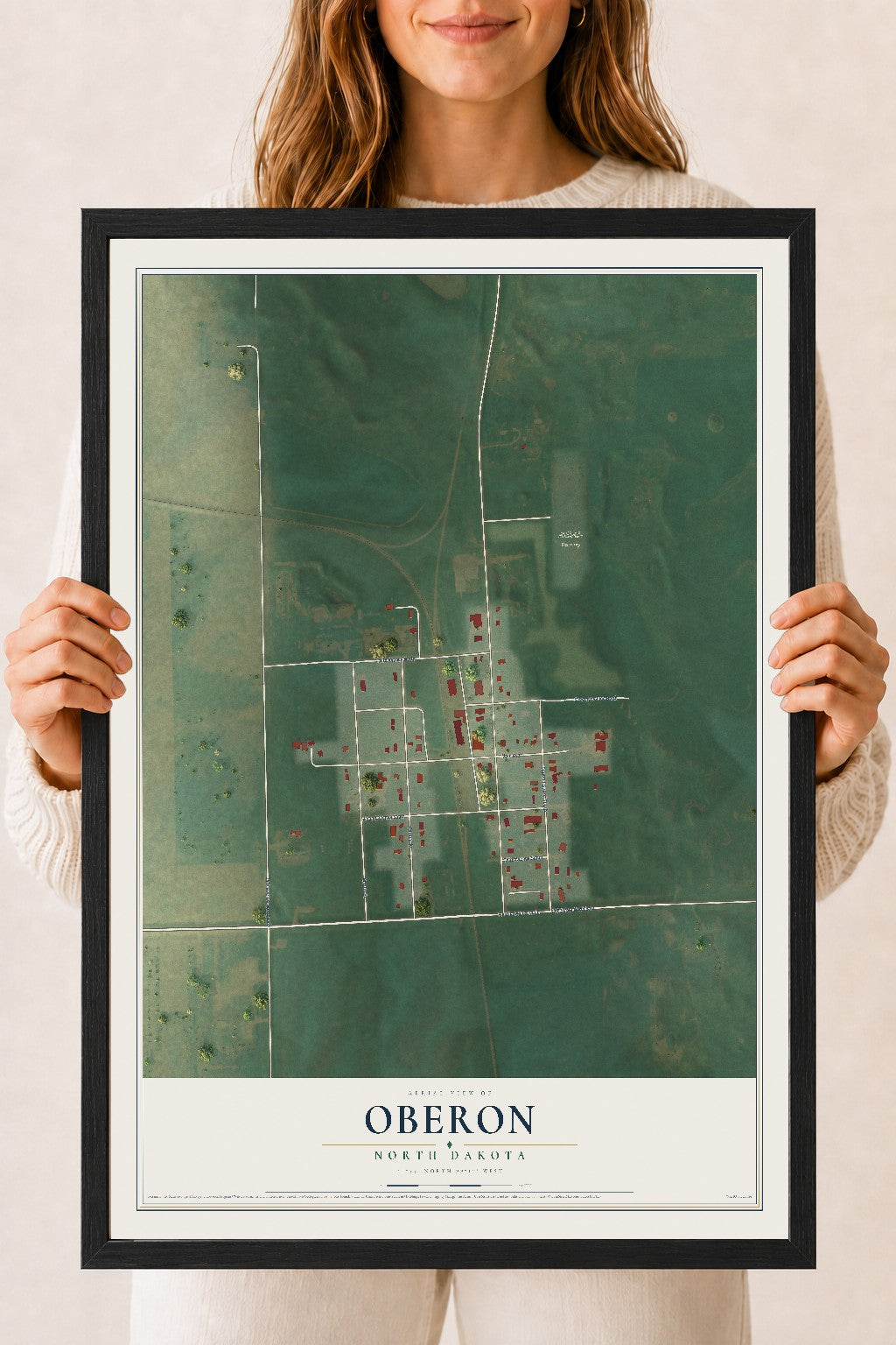 Map of Oberon, North Dakota, 18 x 24 inch print in a black wood frame