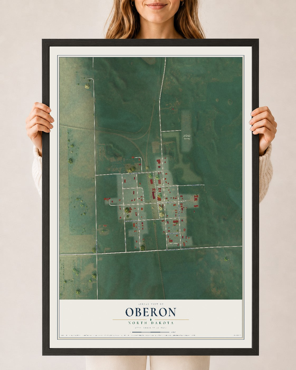 Map of Oberon, North Dakota, 24 x 36 inch print in a black wood frame