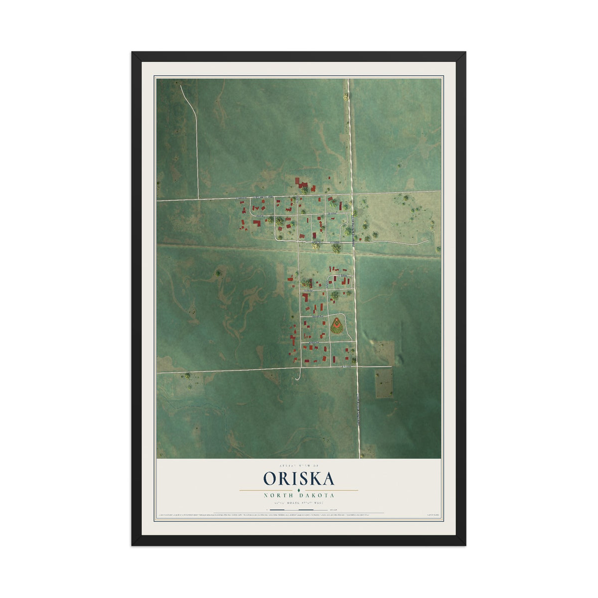 Map of Oriska, North Dakota, 12 x 18 inch print in a black wood frame