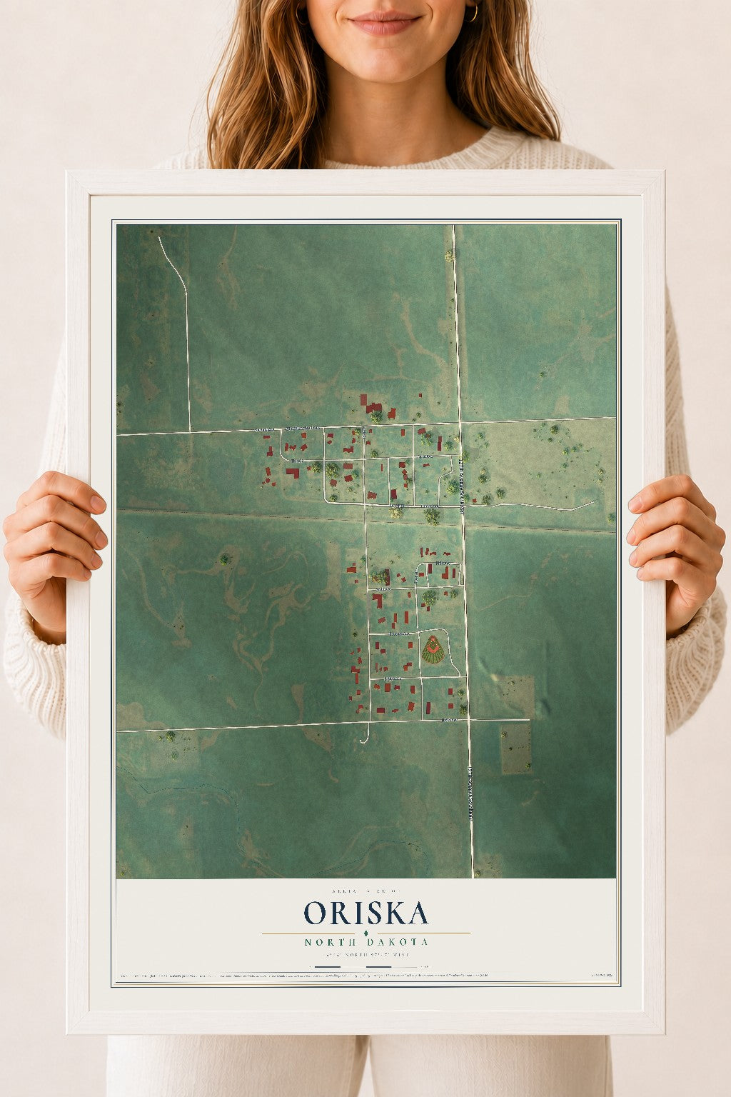 Map of Oriska, North Dakota, 18 x 24 inch print in a white wood frame
