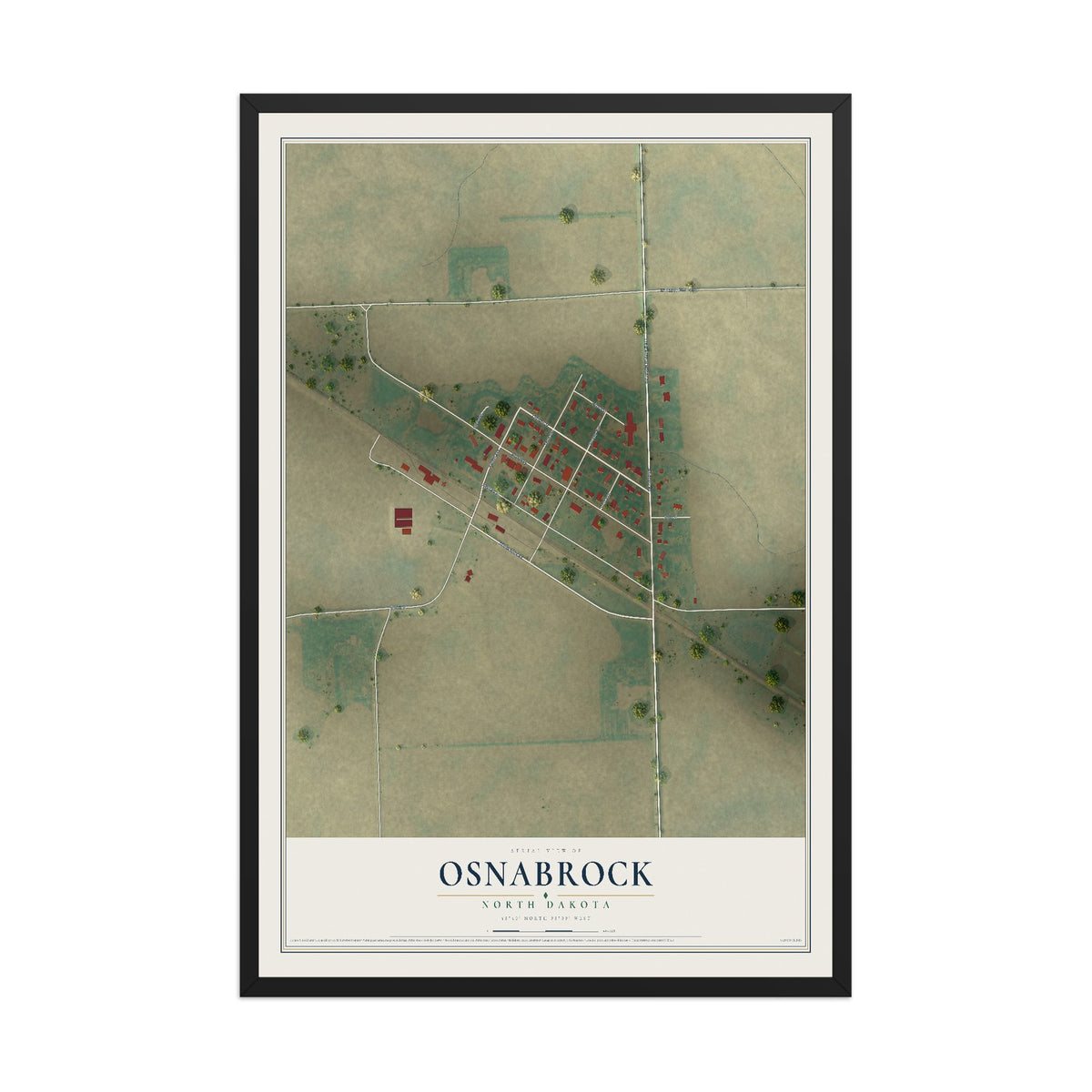 Map of Osnabrock, North Dakota, 12 x 18 inch print in a black wood frame