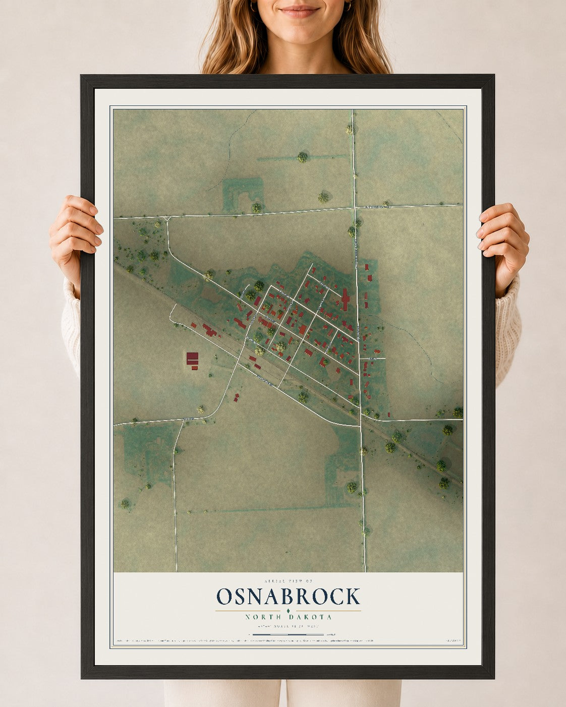 Map of Osnabrock, North Dakota, 24 x 36 inch print in a black wood frame