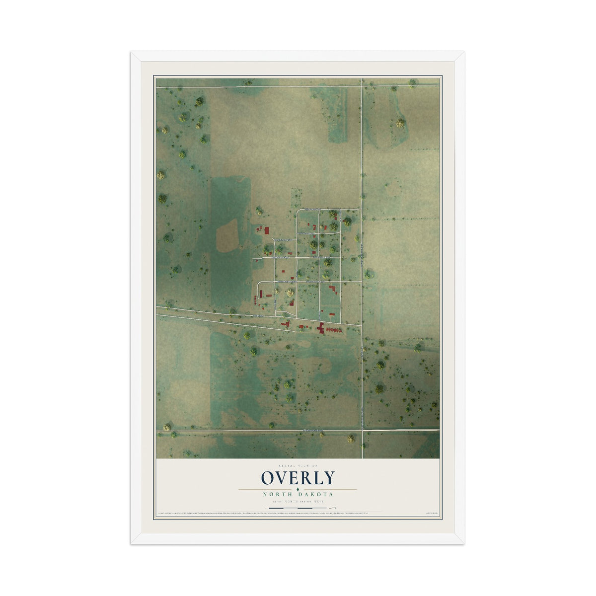 Map of Overly, North Dakota, 12 x 18 inch print in a white wood frame