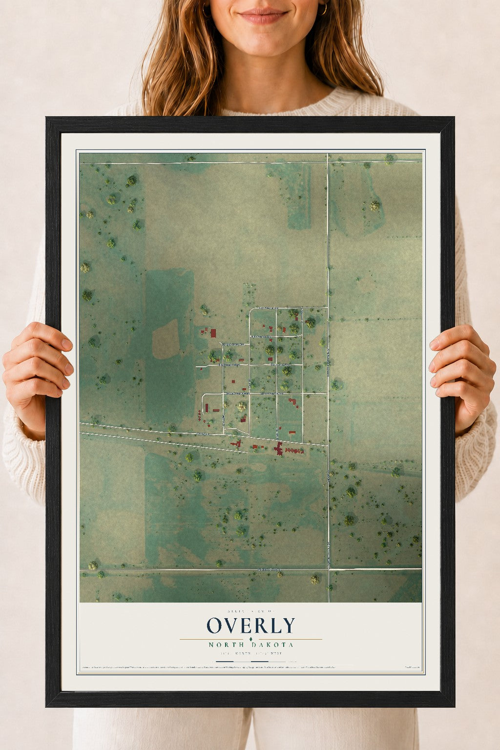 Map of Overly, North Dakota, 18 x 24 inch print in a black wood frame