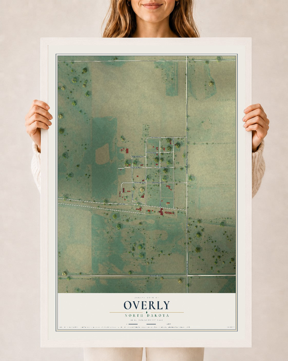 Map of Overly, North Dakota, 24 x 36 inch print in a white wood frame