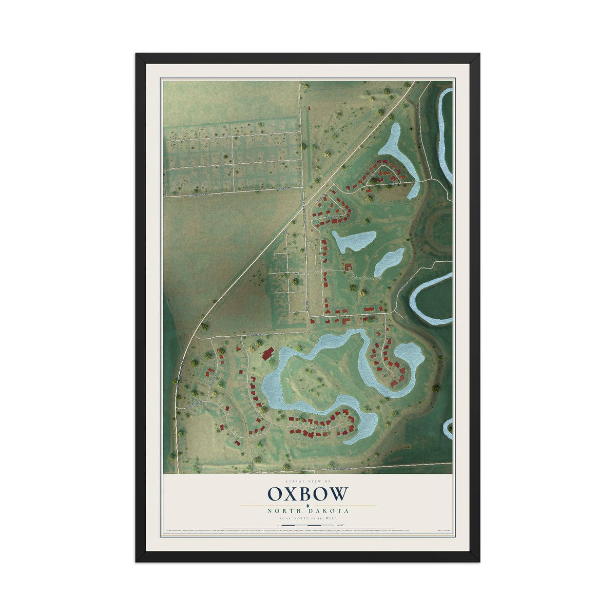 Map of Oxbow, North Dakota, 12 x 18 inch print in a black wood frame