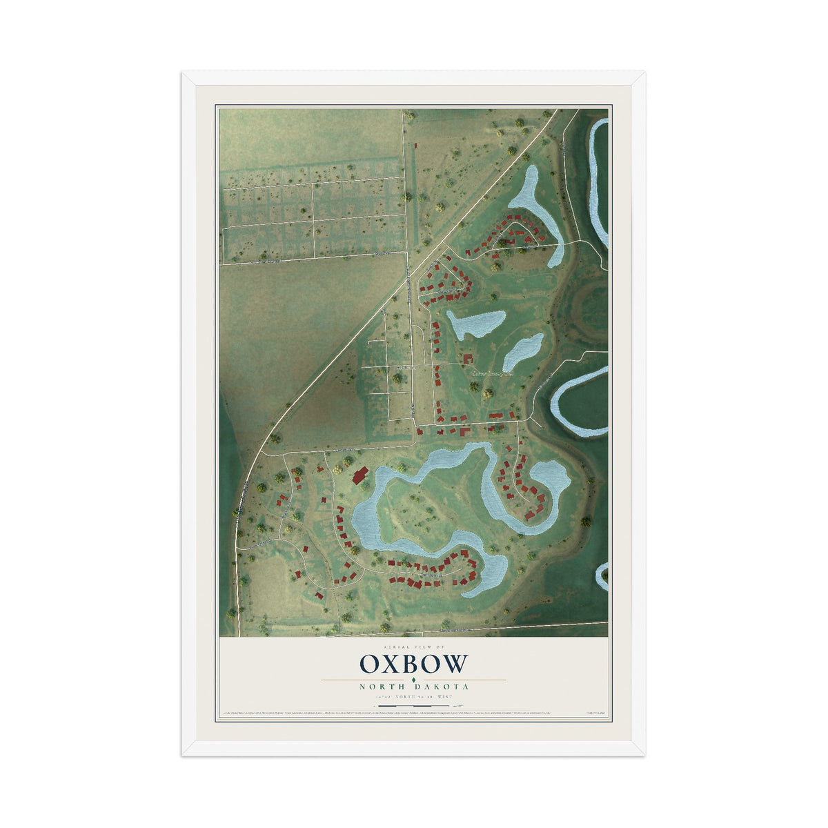 Map of Oxbow, North Dakota, 12 x 18 inch print in a white wood frame