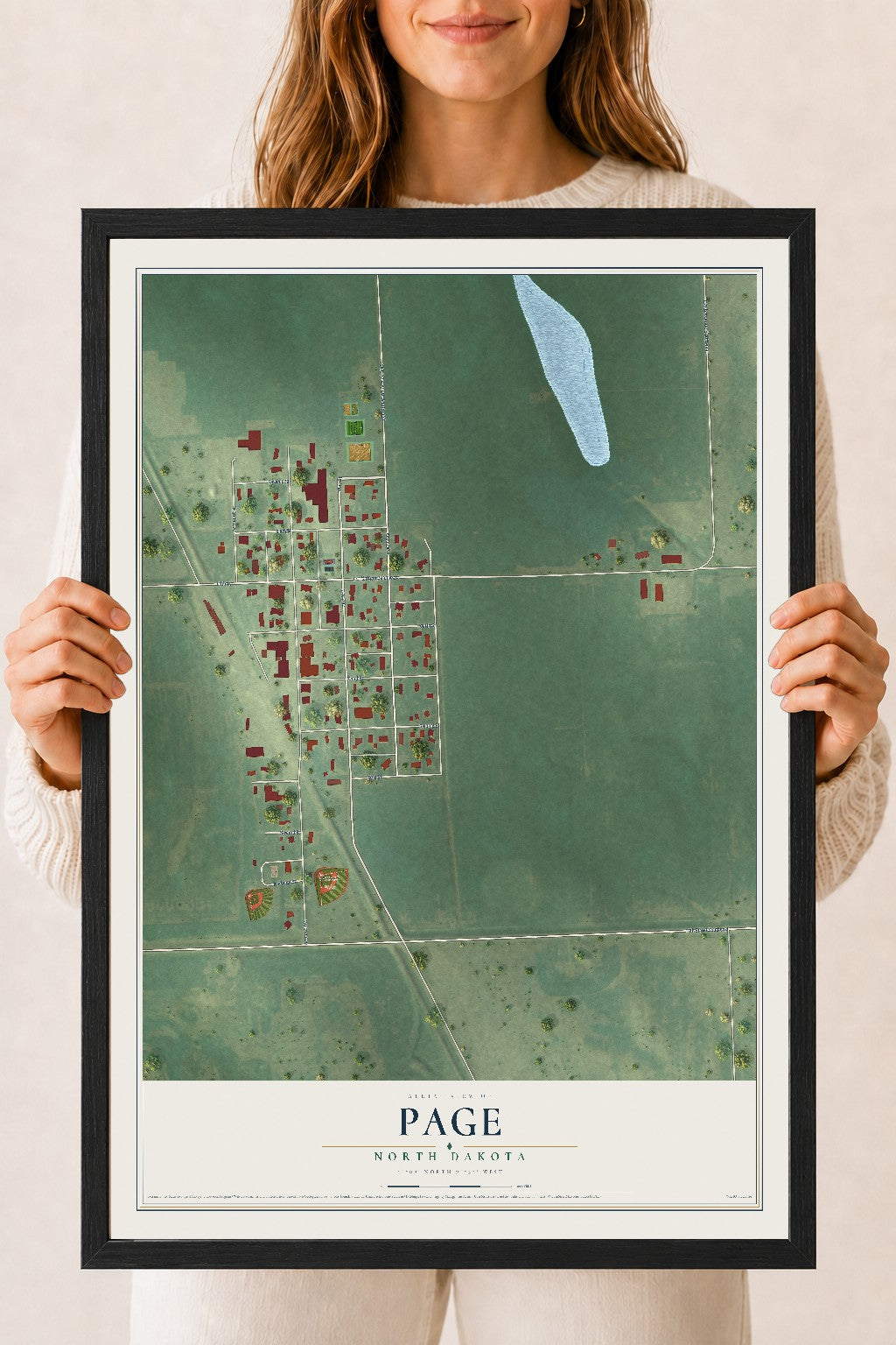 Map of Page, North Dakota, 18 x 24 inch print in a black wood frame