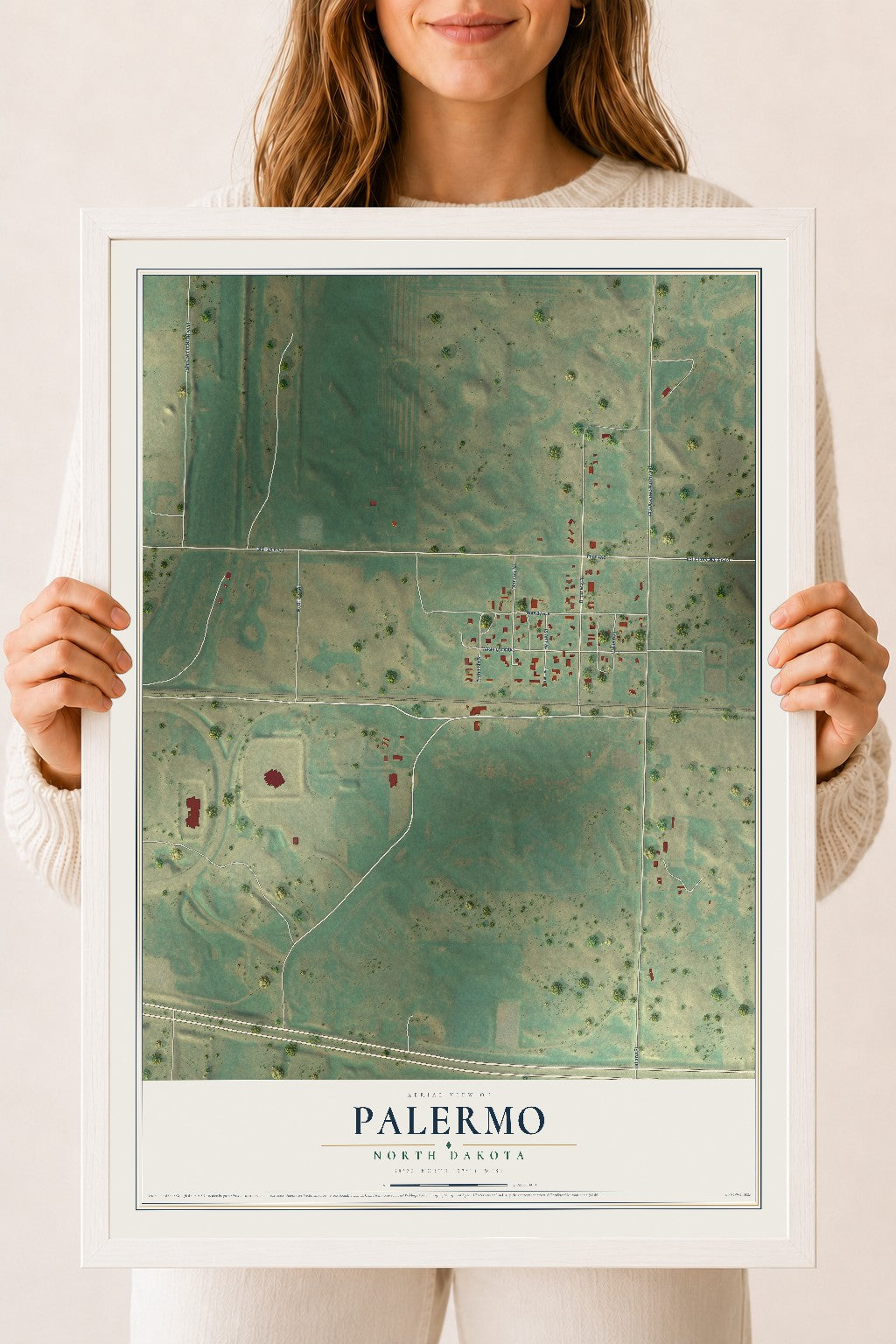 Map of Palermo, North Dakota, 18 x 24 inch print in a white wood frame