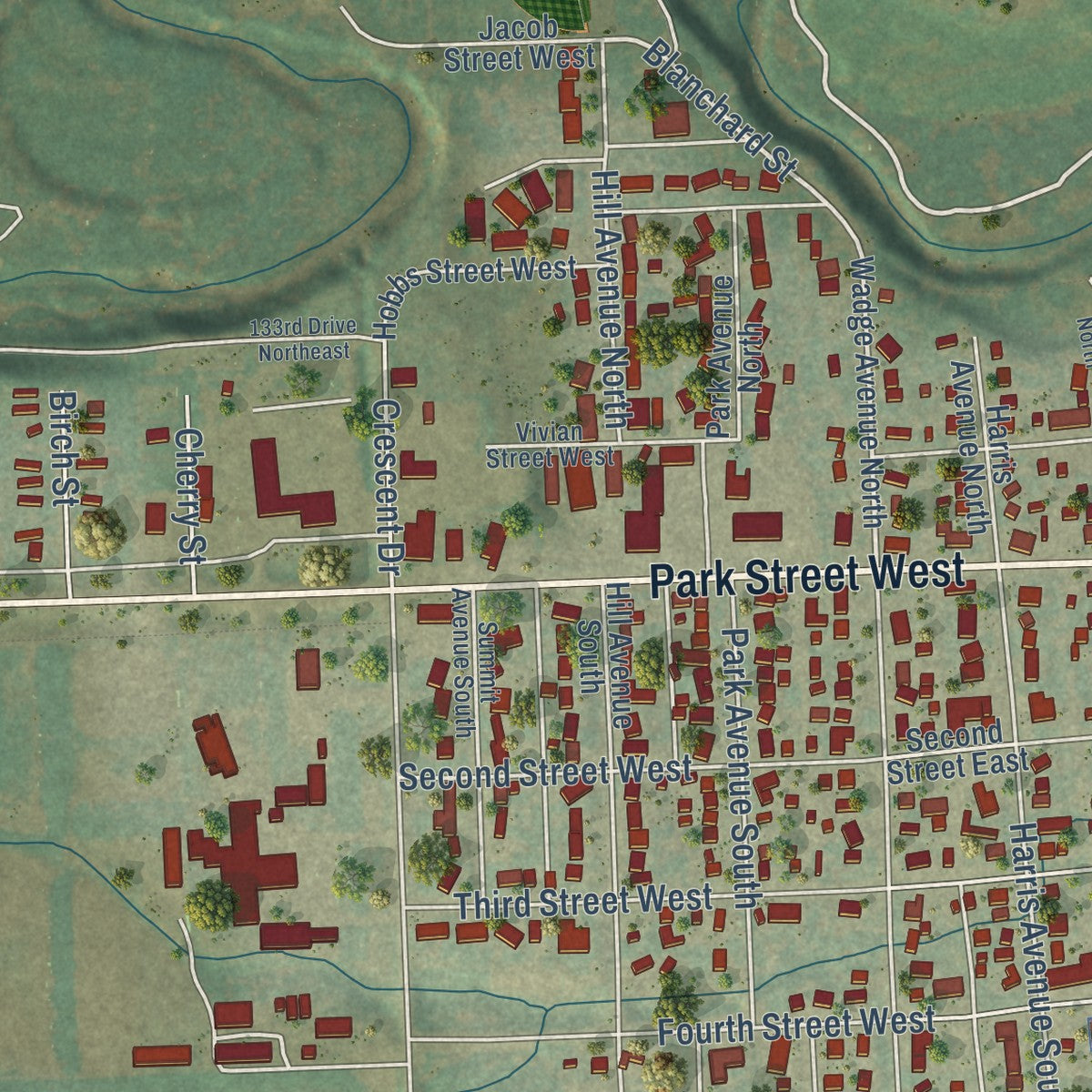 Close-up of the map of Park River, North Dakota print showing street and building detail