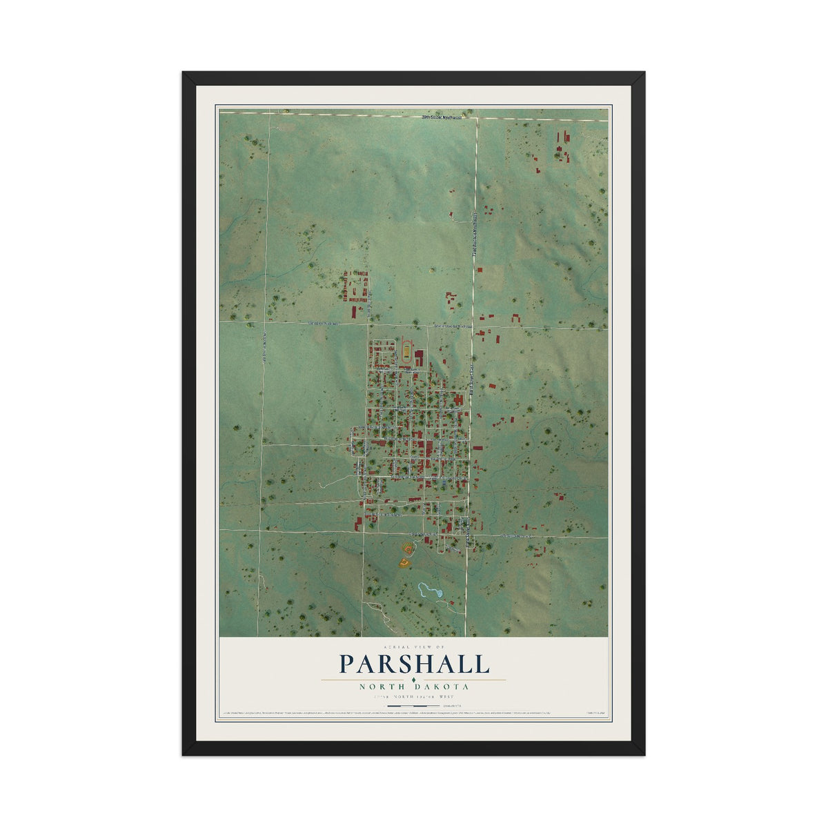 Map of Parshall, North Dakota, 12 x 18 inch print in a black wood frame