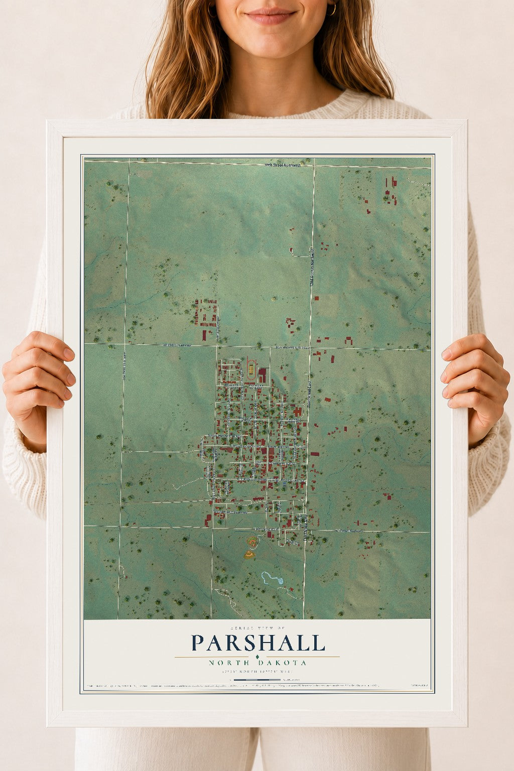 Map of Parshall, North Dakota, 18 x 24 inch print in a white wood frame