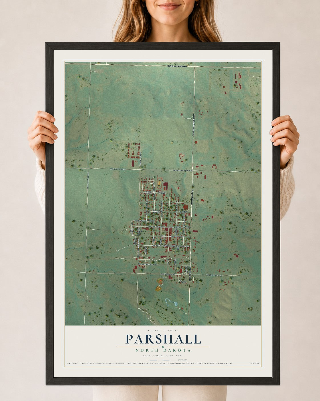 Map of Parshall, North Dakota, 24 x 36 inch print in a black wood frame