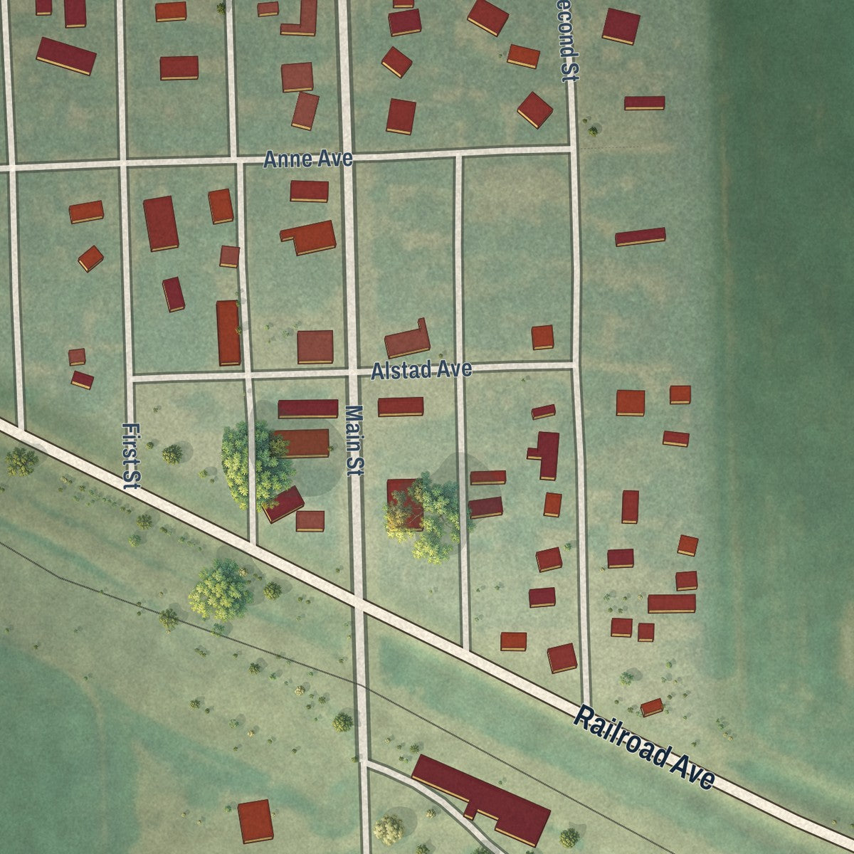 Close-up of the map of Pekin, North Dakota print showing street and building detail