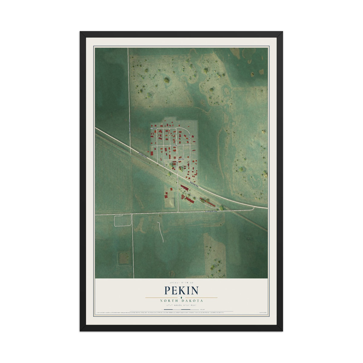 Map of Pekin, North Dakota, 12 x 18 inch print in a black wood frame