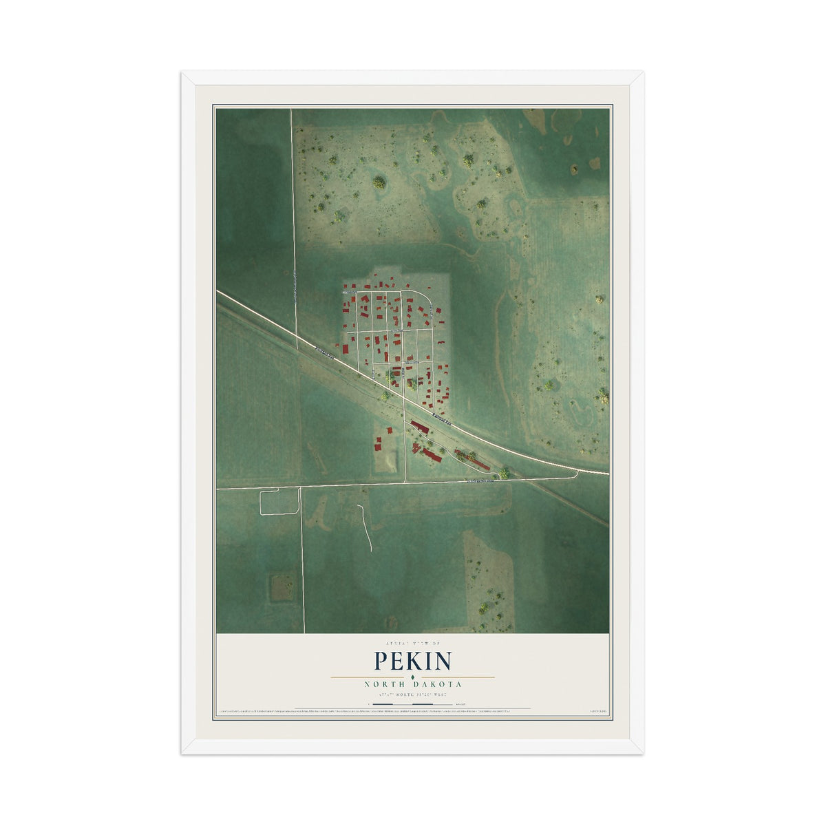 Map of Pekin, North Dakota, 12 x 18 inch print in a white wood frame