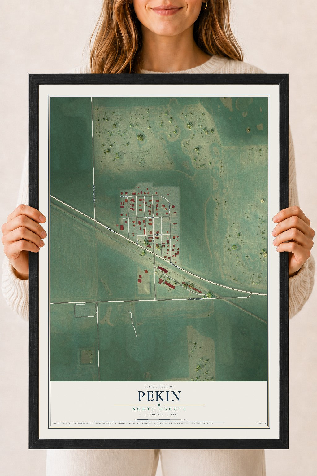 Map of Pekin, North Dakota, 18 x 24 inch print in a black wood frame