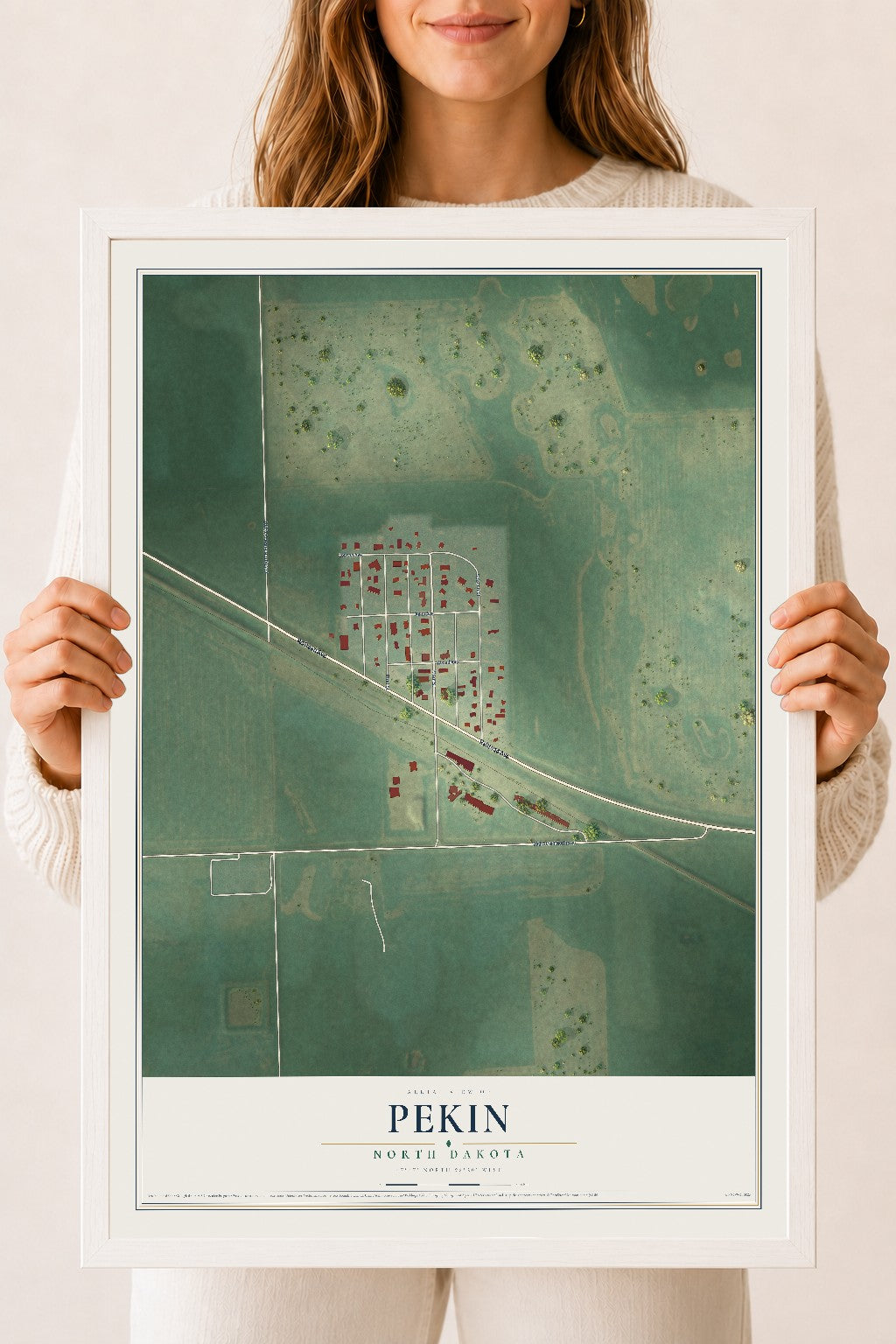 Map of Pekin, North Dakota, 18 x 24 inch print in a white wood frame