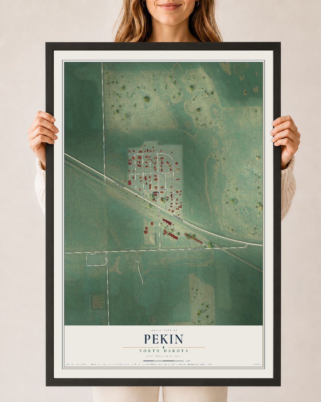 Map of Pekin, North Dakota, 24 x 36 inch print in a black wood frame