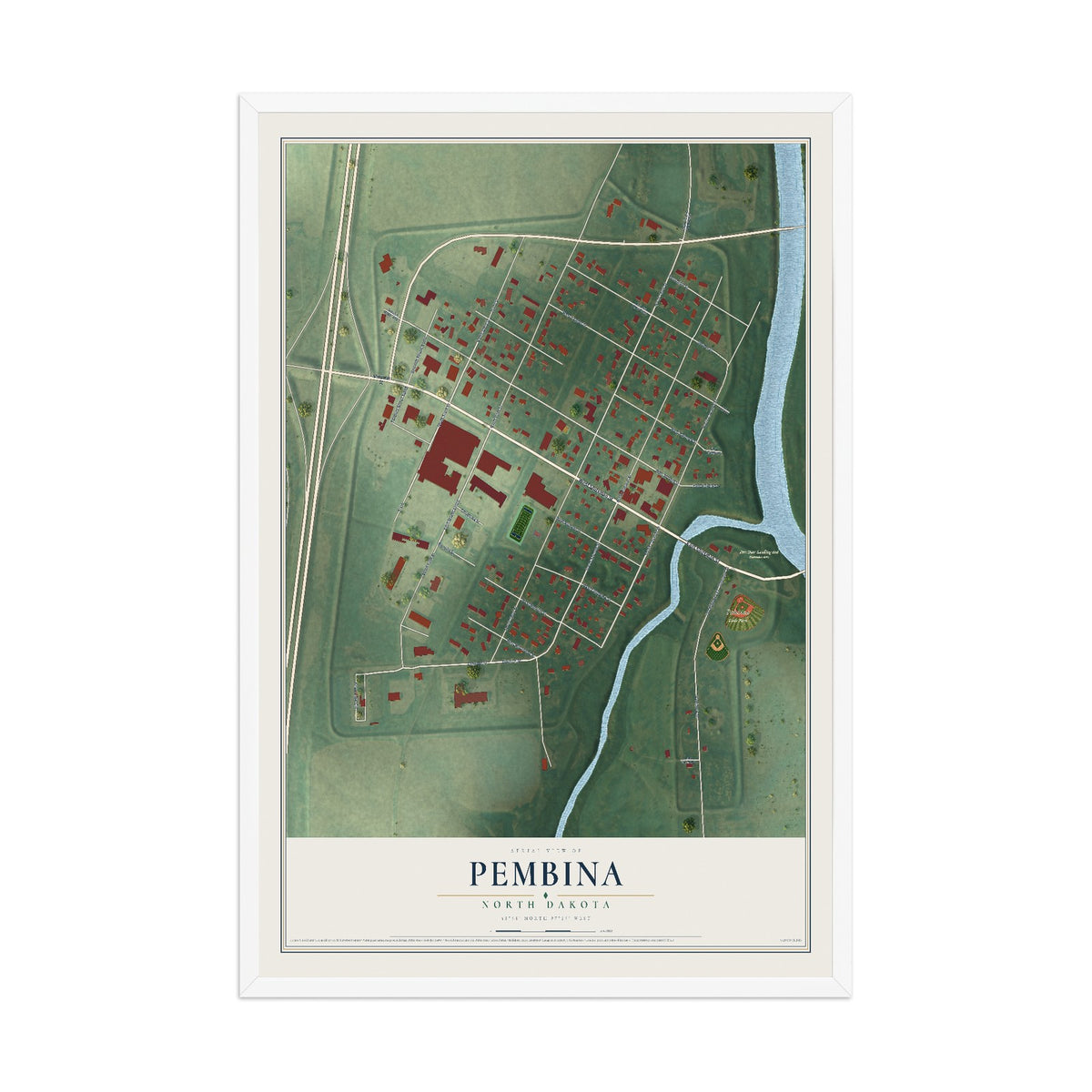 Map of Pembina, North Dakota, 12 x 18 inch print in a white wood frame